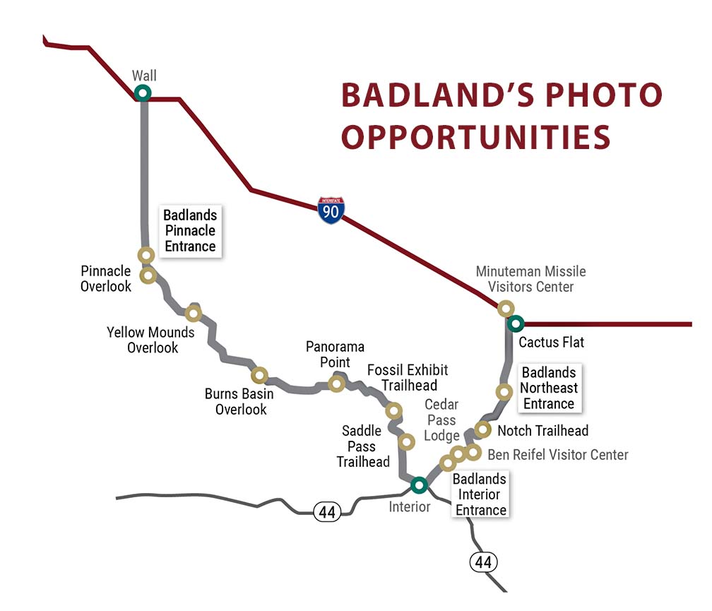 Map of photo opportunities in The Badlands