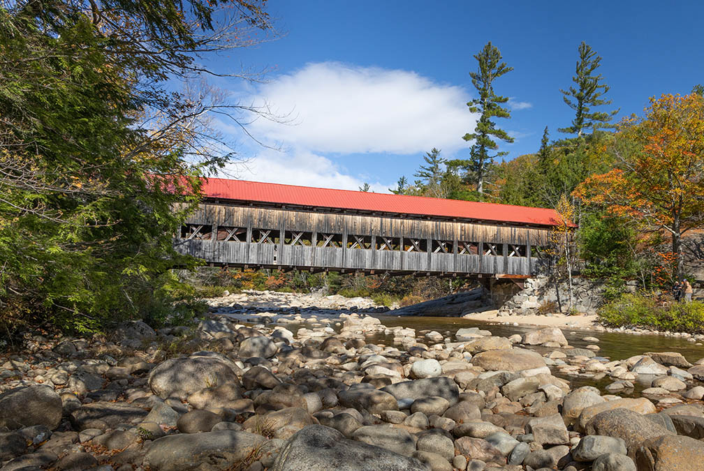 The single lane covered bridge as seen from the Kancamagus side of the Swift River Albany Covered Bridge From Kanc side